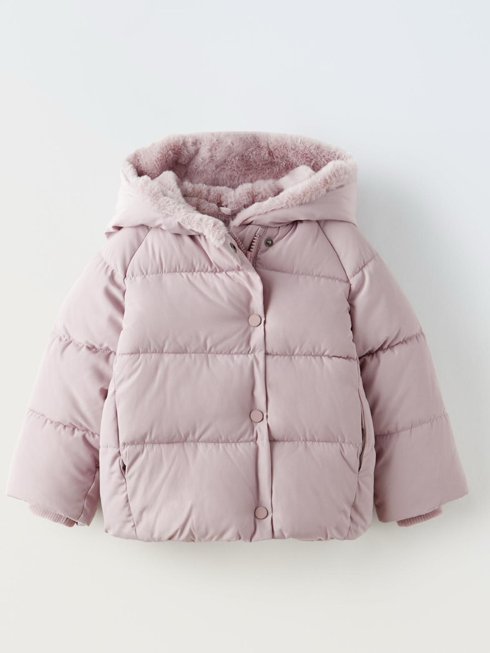 Zara Girls' Puffer Jacket with Faux-Fur Hood in Dusty Pink